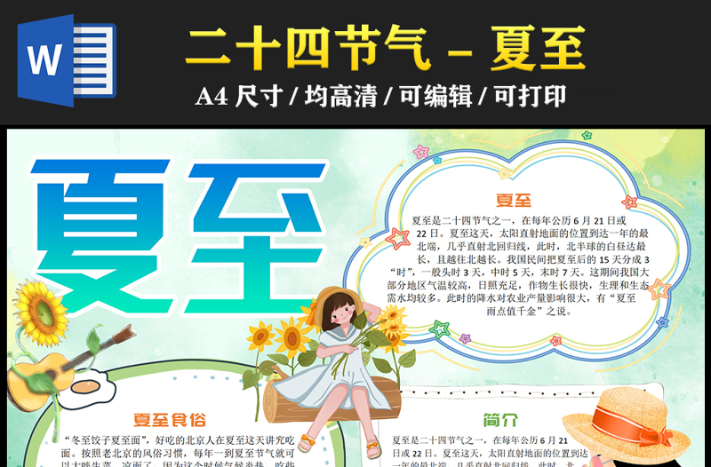 2023夏至手抄報綠色清新二十四節(jié)氣之夏至知識宣講電子小報模板