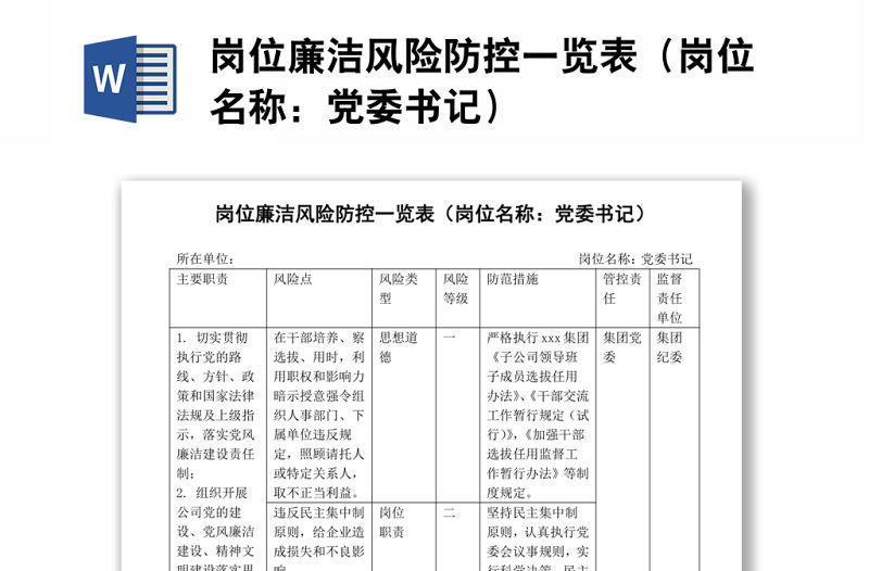 崗位廉潔風險防控一覽表（崗位名稱：黨委書記）