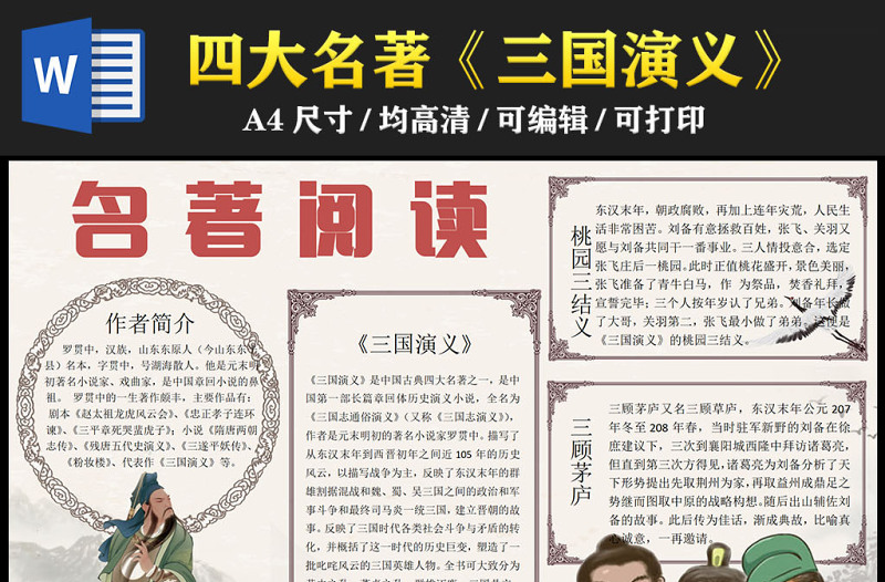 2023名著閱讀手抄報插畫中國風四大名著三國演義閱讀介紹電子小報模板