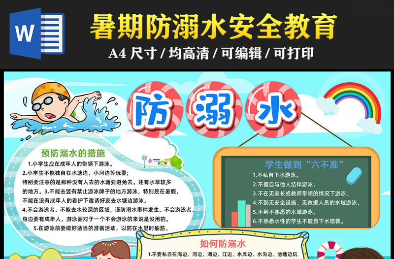 2023夏季防溺水手抄報(bào)創(chuàng)意童趣兒童小學(xué)暑假防溺水安全教育電子小報(bào)模板