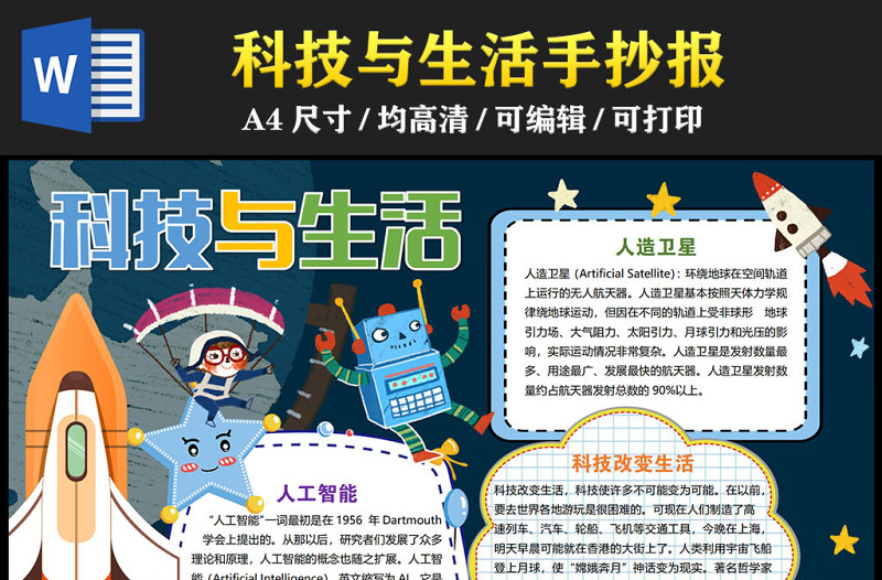 2023科技與生活手抄報深藍(lán)色童趣科技改變生活電子小報模板