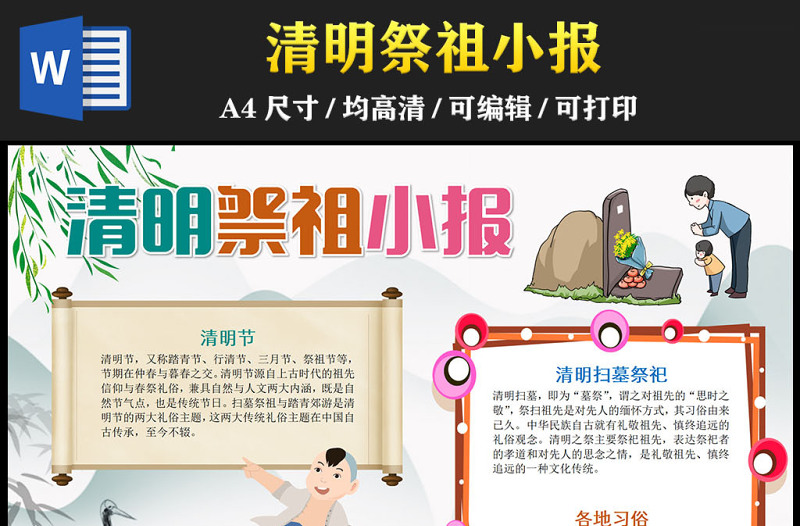 2023清明祭祖手抄報簡約插畫風清明節(jié)各地習(xí)俗介紹電子小報模板