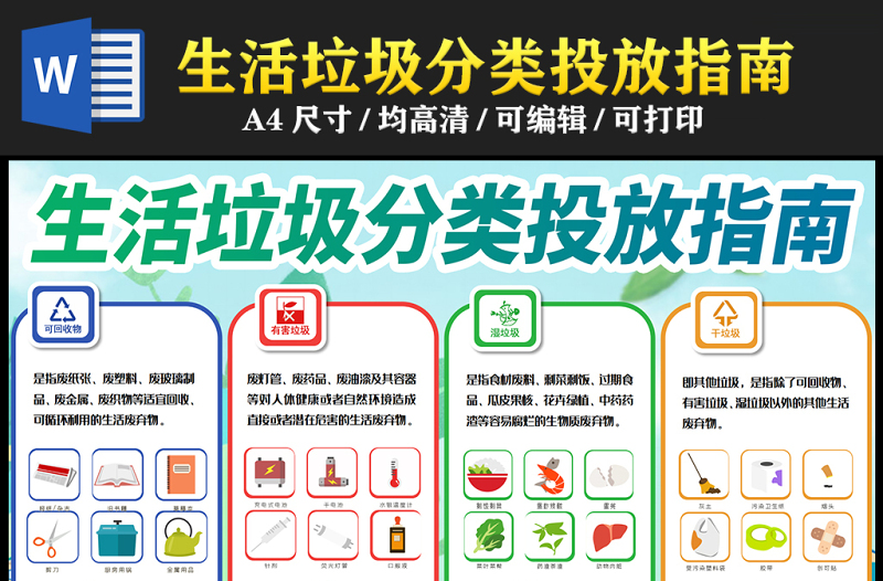 2023生活垃圾分類投放指南手抄報卡通簡潔垃圾分類圖示分類指南電子小報模板