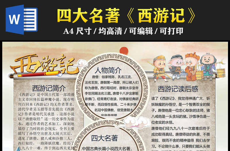 2023西游記手抄報簡約復古中國四大名著西游記簡介人物介紹電子小報模板