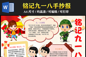 2023銘記九一八手抄報紅色插畫風(fēng)勿忘國恥銘記歷史word電子小報