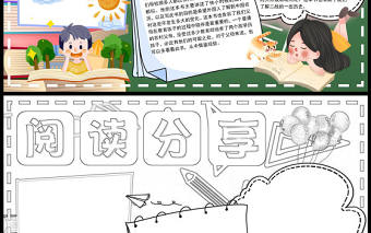 2022閱讀分享手抄報簡約卡通一起分享閱讀快樂小報模板下載