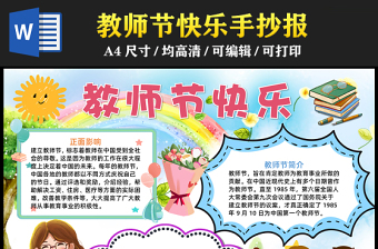 2023教師節(jié)快樂(lè)手抄報(bào)精美可愛(ài)教師節(jié)介紹word電子小報(bào)模板