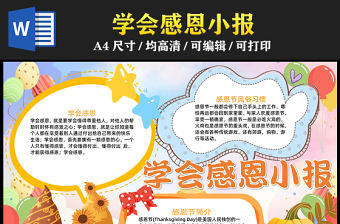 2023感恩節快樂手抄報彩色童趣學會感恩word電子小報模板