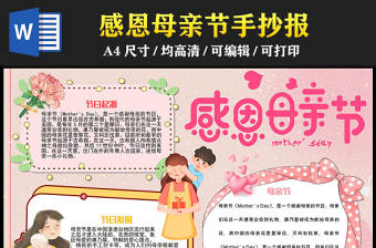 2023感恩母親節手抄報粉色創意卡通風母親節節日介紹電子小報模板