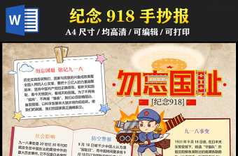 2023勿忘918手抄報(bào)簡(jiǎn)約創(chuàng)意勿忘國(guó)恥銘記九一八word電子小報(bào)模板