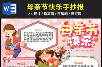 2023母親節快樂手抄報粉色卡通插畫風母親節節日介紹電子小報模板