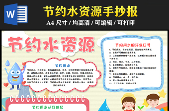 2023節(jié)約水資源手抄報卡通小清新節(jié)約用水保護水資源從我做起word電子小報模板