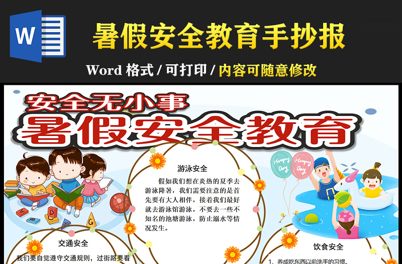 2021暑假安全教育手抄報(bào)卡通風(fēng)格幼兒園暑假安全無(wú)小事小報(bào)模板