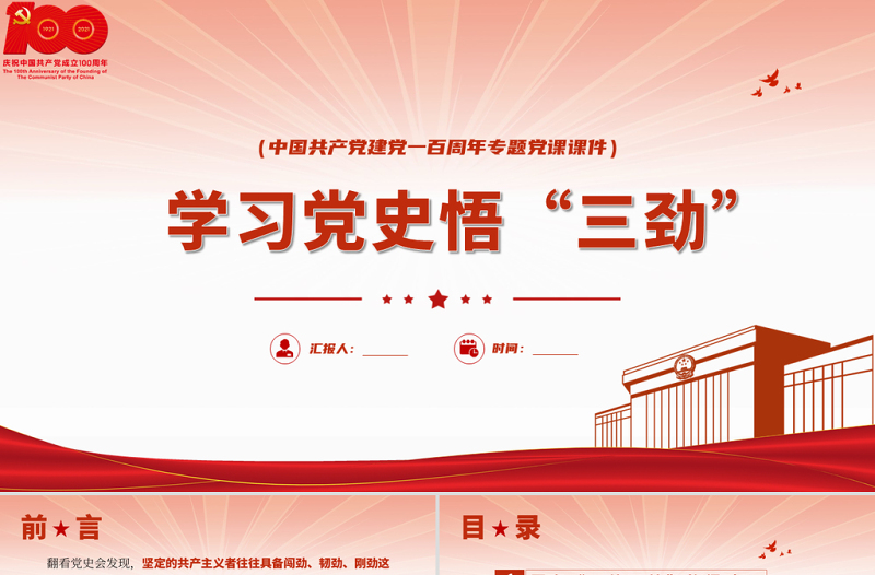 2021學(xué)習(xí)黨史悟“三勁”P(pán)PT慶祝中國(guó)共產(chǎn)黨建黨一百周年專(zhuān)題黨課課件模板