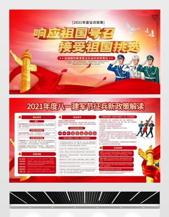 2021響應祖國號召接受祖國挑選展板紅色簡約建軍94周年征兵政策宣傳欄建軍節(jié)宣傳展板