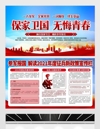 保家衛(wèi)國無悔青春展板2021年慶祝中國人民解放軍建軍94周年八一建軍節(jié)征兵宣傳展板