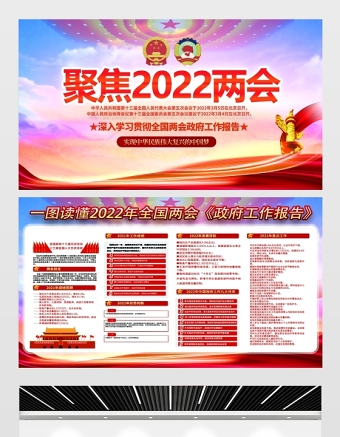 聚焦2022两会宣传栏红色大气聚焦两会关注民生奋进新时代逐梦新征程展板设计模板