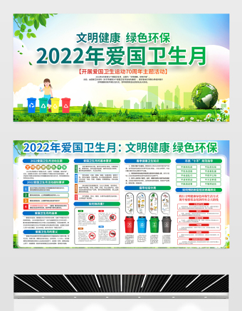 2022文明健康绿色环保展板卡通风全国爱国卫生月知识宣传栏模板