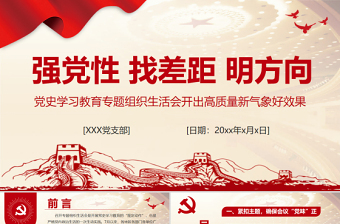 強(qiáng)黨性找差距明方向PPT紅色大氣黨史學(xué)習(xí)教育專題組織生活會(huì)開出高質(zhì)量新氣象好效果黨課課件