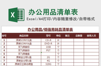 辦公用品清單表excel模板