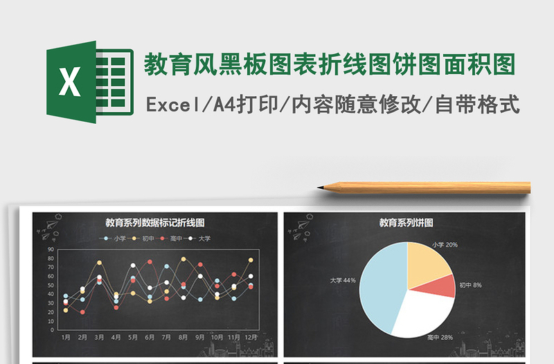 2022年教育风黑板图表折线图饼图面积图