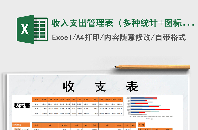 2021年收入支出管理表(多種統(tǒng)計(jì)+圖標(biāo)顯示)