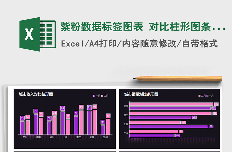 2021年紫粉数据标签图表 对比柱形图条形图报表免费下载