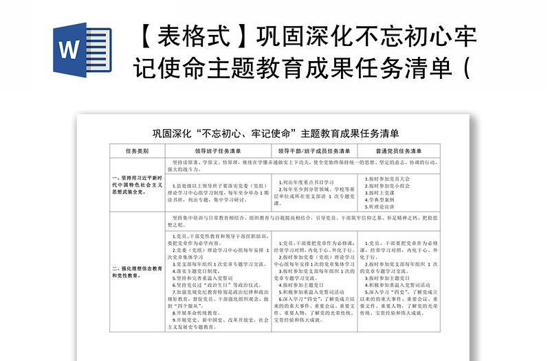 2021【表格式】鞏固深化不忘初心牢記使命主題教育成果任務清單(含領(lǐng)導班子領(lǐng)導干部班子成員普通黨員干部)