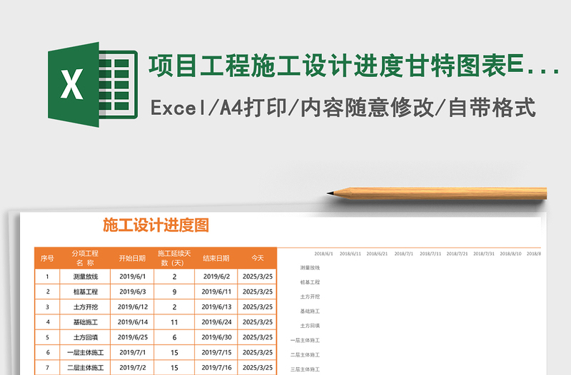 項(xiàng)目工程施工設(shè)計(jì)進(jìn)度甘特圖表Excel表格模板