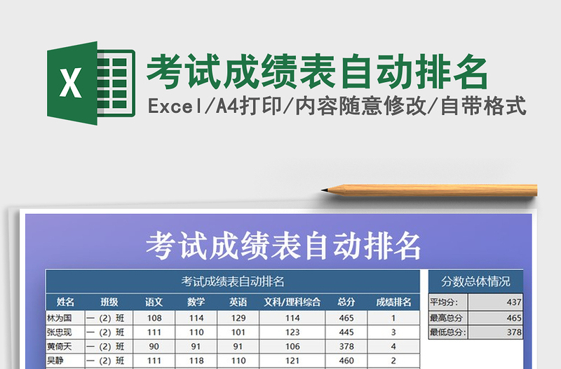 2021年考試成績表自動(dòng)排名