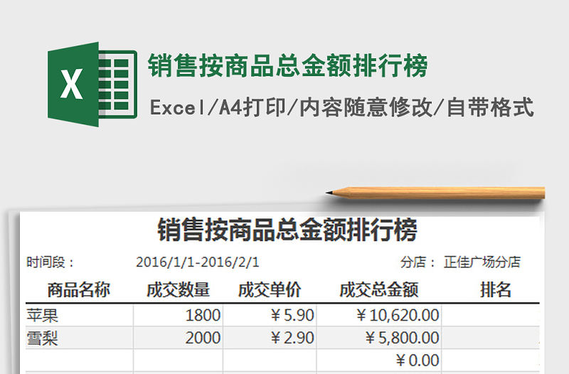 2022年銷售按商品總金額排行榜免費下載