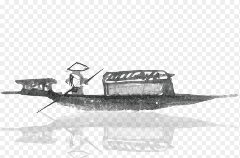 中国风手绘插画船只水中倒影船翁划船前行免抠元素素材