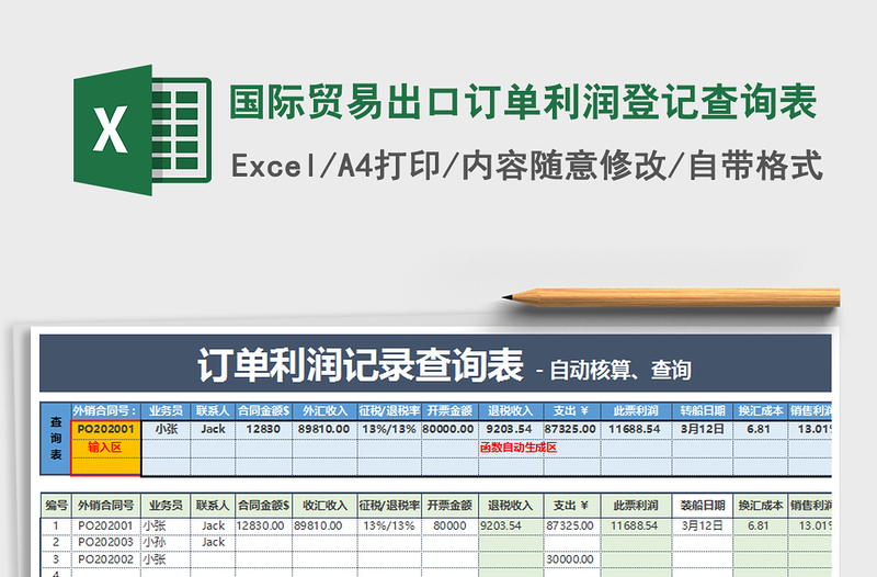 2021年国际贸易出口订单利润登记查询表