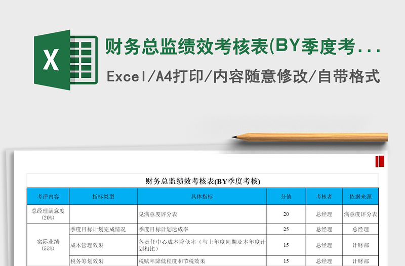2022財(cái)務(wù)總監(jiān)績效考核表(BY季度考核)免費(fèi)下載