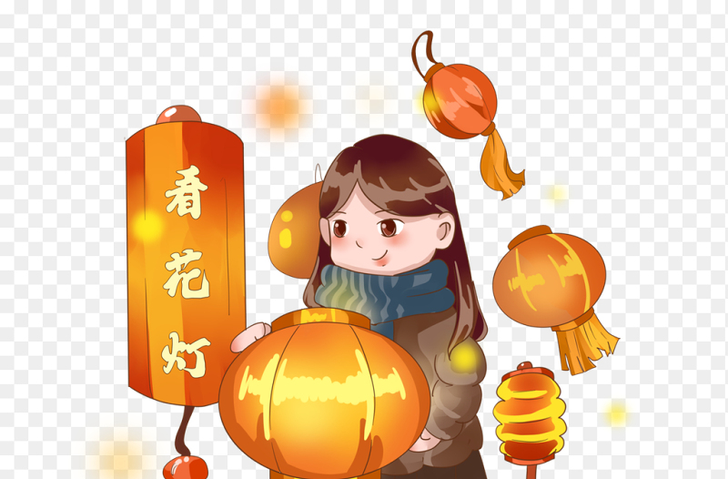 可爱卡通人物小女孩手抱灯笼赏花灯中国传统节日元宵节免抠元素素材