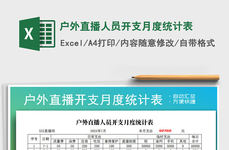 2021年戶外直播人員開支月度統計表免費下載