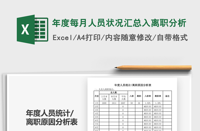 年度每月人員狀況匯總?cè)腚x職分析免費(fèi)下載