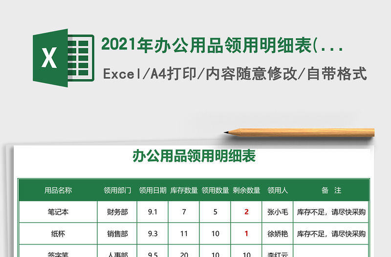 2021年辦公用品領用明細表(自動預警）免費下載