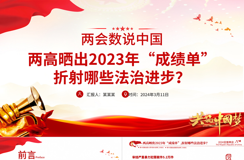 2024兩會數(shù)說中國PPT紅色大氣兩高曬出2023年成績單折射出的法治進步課件