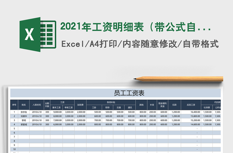 2021年工資明細表(帶公式自動計算個稅)