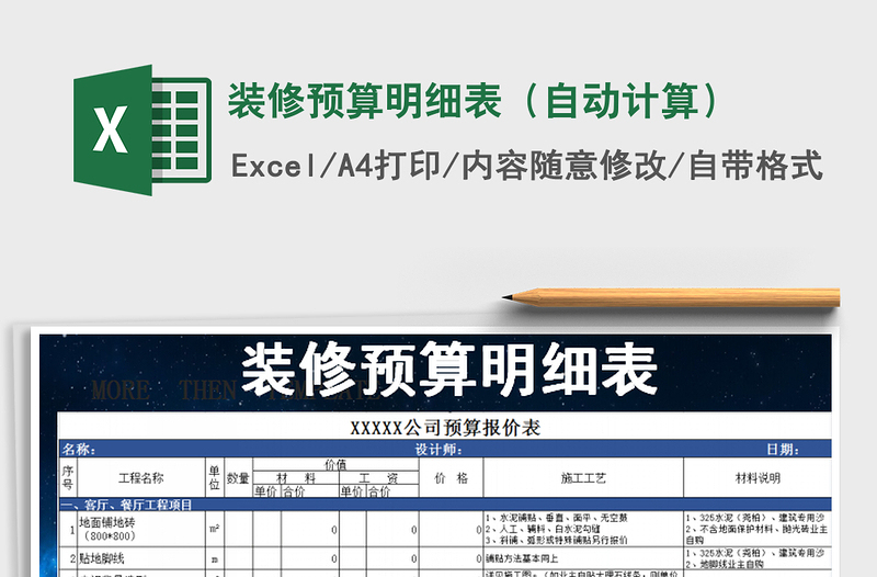 2021年装修预算明细表（自动计算）免费下载