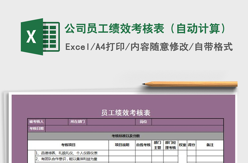 2021年公司员工绩效考核表（自动计算）免费下载