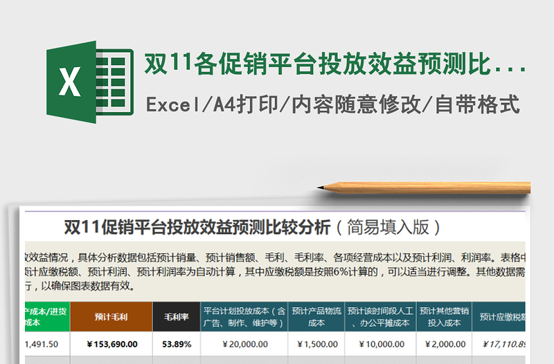 2021年双11各促销平台投放效益预测比较分析(简易填入版)免费下载