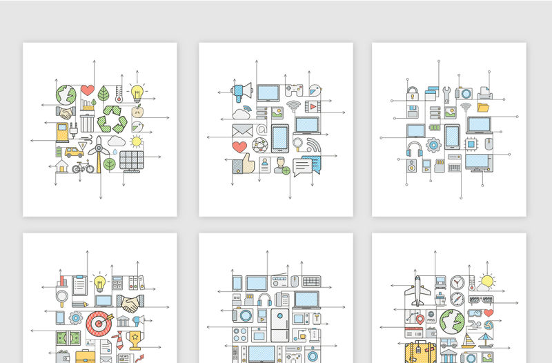 12款矢量時尚手繪線性商務辦公ppt素材