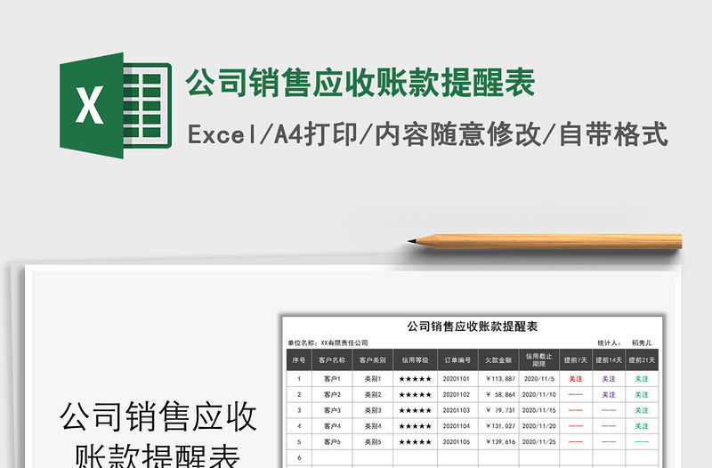 2021年公司銷售應(yīng)收賬款提醒表