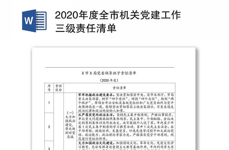 2020年度全市機(jī)關(guān)黨建工作三級責(zé)任清單