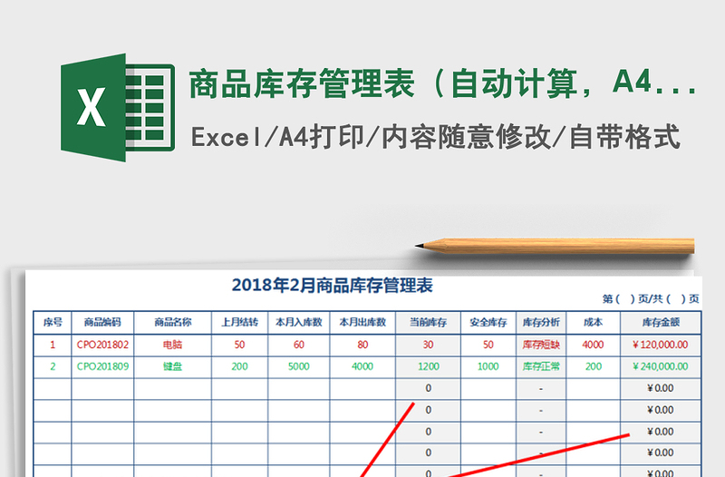 商品庫存管理表（自動計算，A4打印，缺貨提醒，月度）免費下載
