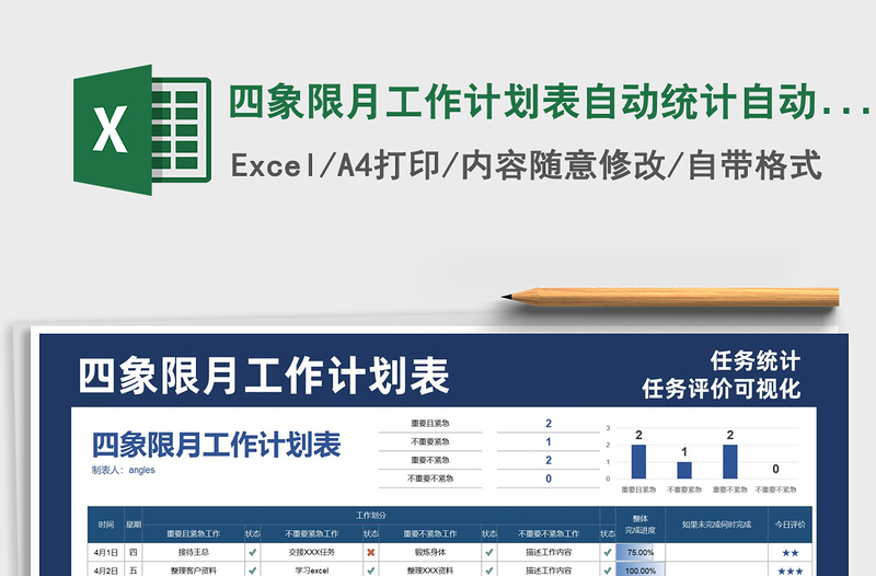 2021年四象限月工作計劃表自動統(tǒng)計自動可視化