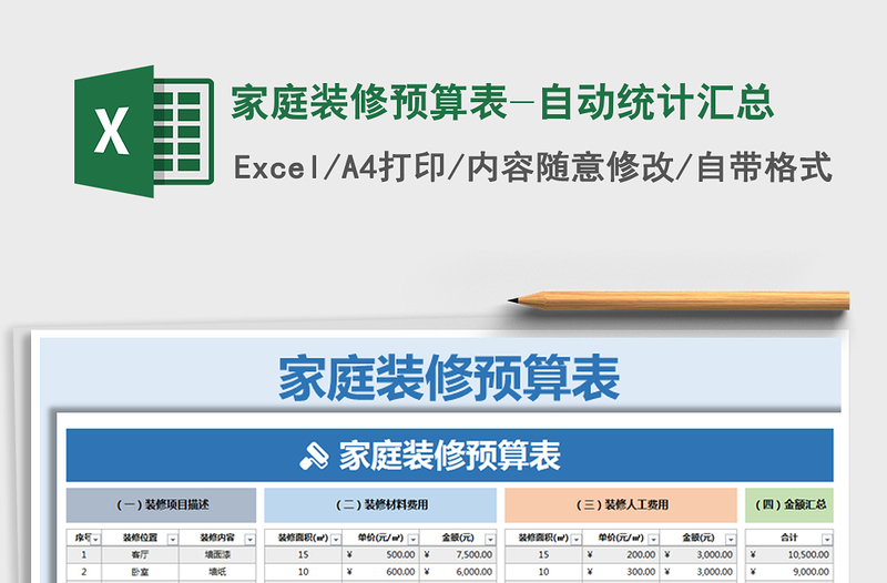2021年家庭裝修預(yù)算表-自動統(tǒng)計(jì)匯總