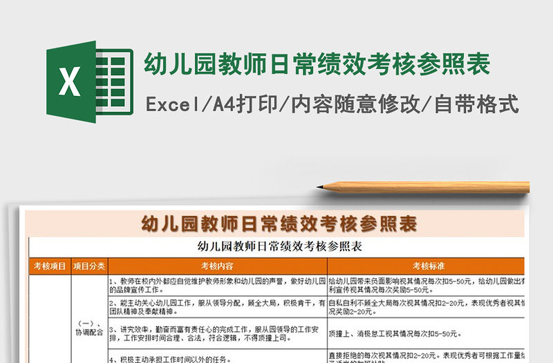 2021年幼兒園教師日常績效考核參照表